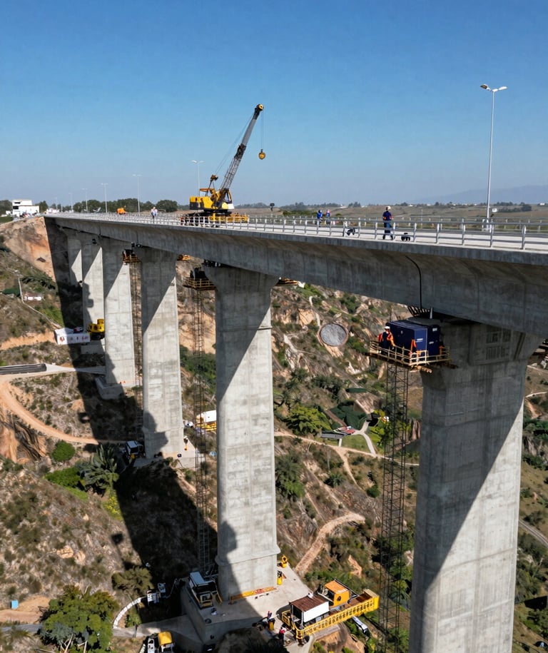 A wide aerial shot of a massive concrete bridge under construction across a deep valley in a Mexican landscape. The scene features heavy machinery, steel blue sky, and technicians wearing navy blue and orange safety gear. Professional photography, high contrast, corporate style.