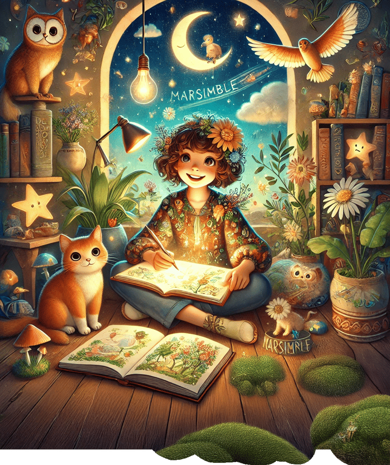 Smiling child draws by moonlit window with cat, books, glowing stars, and magical Marsimble scene.