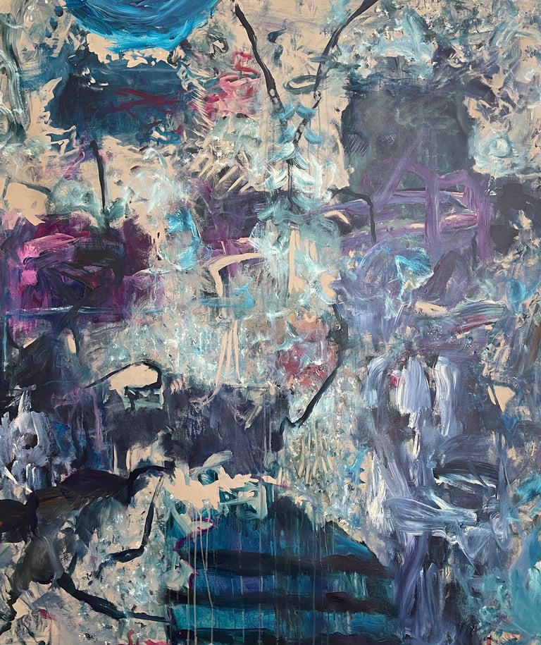 abstract expressionism large artwork with a variety of shapes in dark blues and purples with impasto