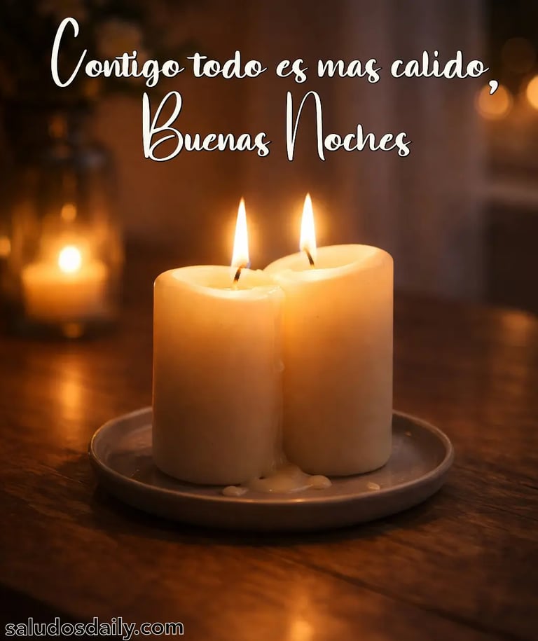 Dos velas encendidas colocadas juntas sobre una mesa en un ambiente oscuro y acogedor