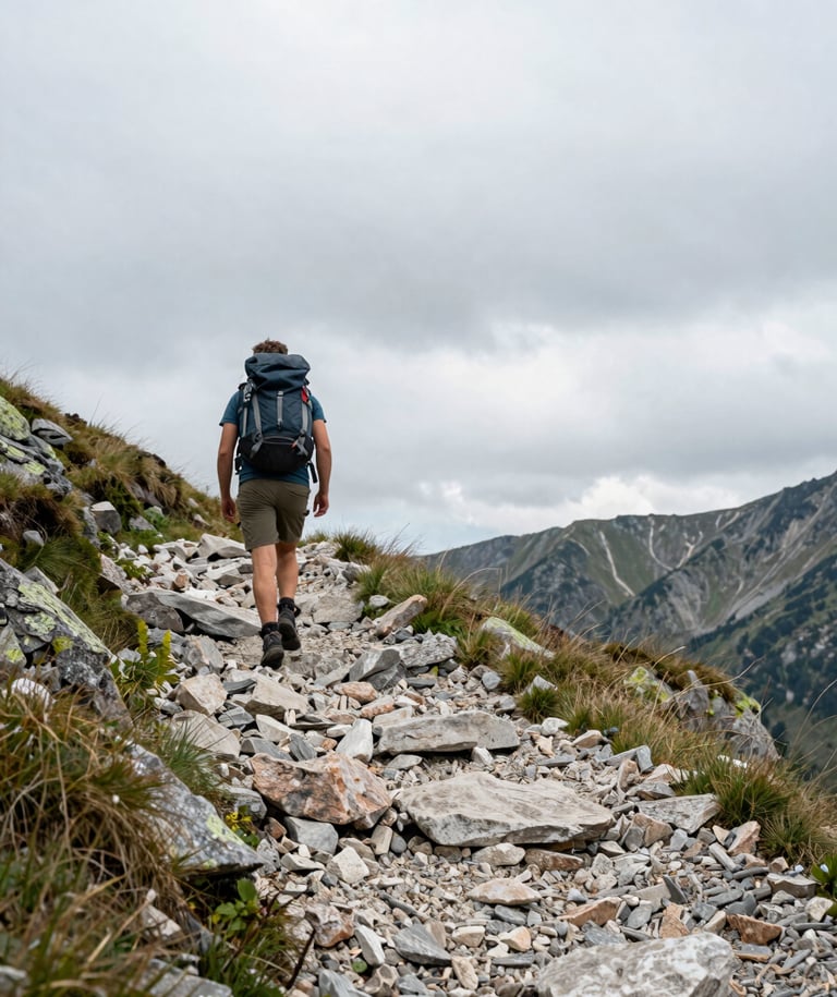 Wide environmental shot, hiker seen from behind mid-stride on a stony mountain path, left-framed, overcast Balkan sky, natural flat light, scree and sparse alpine grass in foreground, distant ridgeline visible
