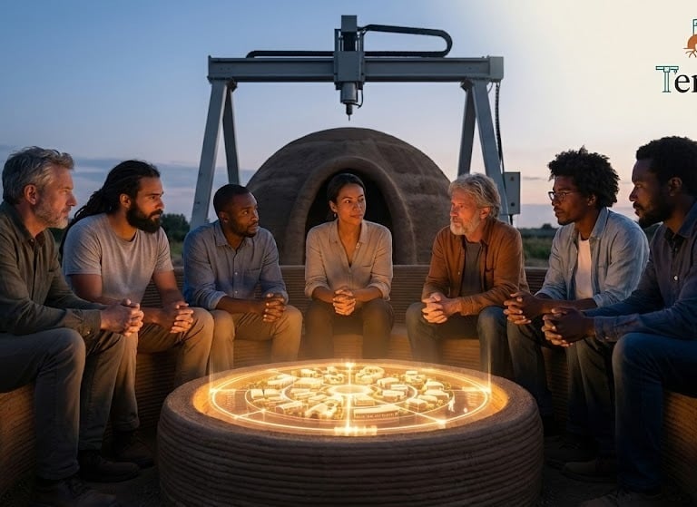 "Vertical concept art: Diverse visionaries sitting on a 3D-printed earth bench around a glowing holo