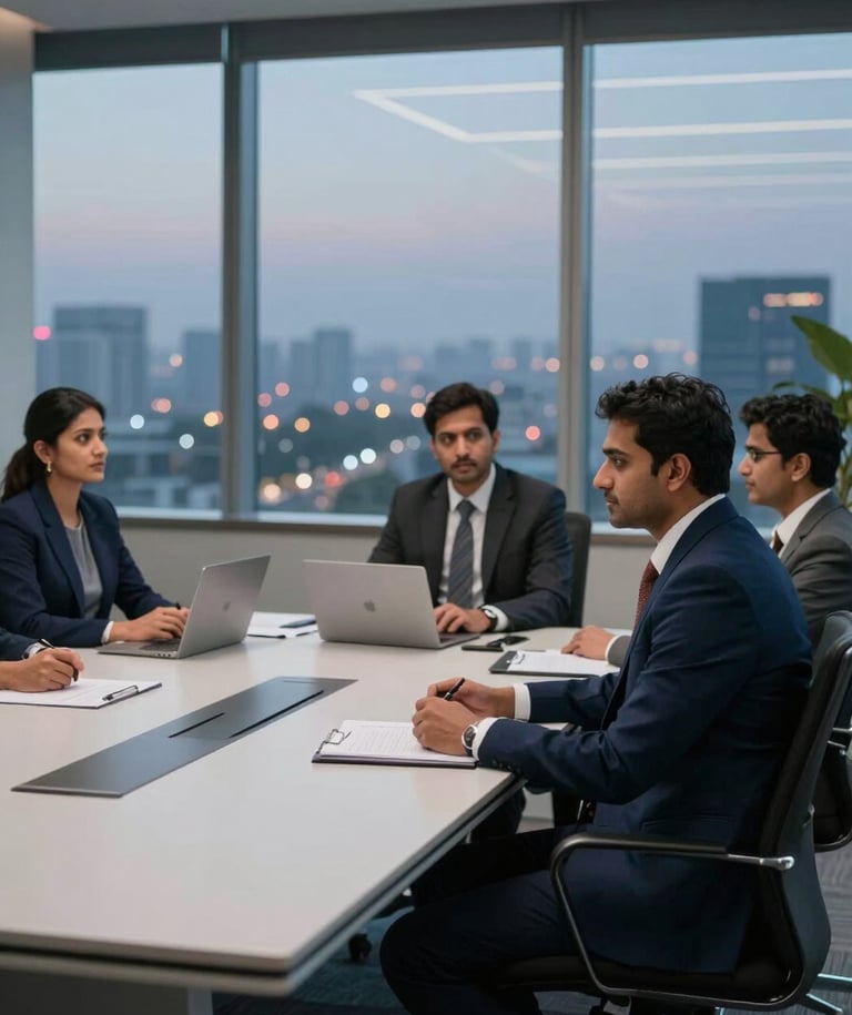 A cinematic shot of a modern South Asian / Indian boardroom at twilight, with the city lights of Delhi NCR blurred in the background, featuring clean lines and a premium, corporate atmosphere in deep navy and light mist gray.