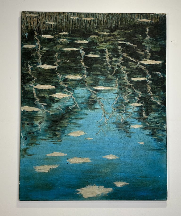  a painting of a pond with the reflection of bush surrounds