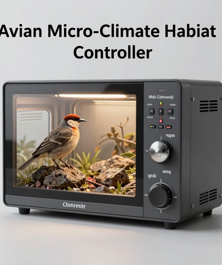 Avian micro-climate habitat controller for a bird sitting inside a controlled incubator environment.