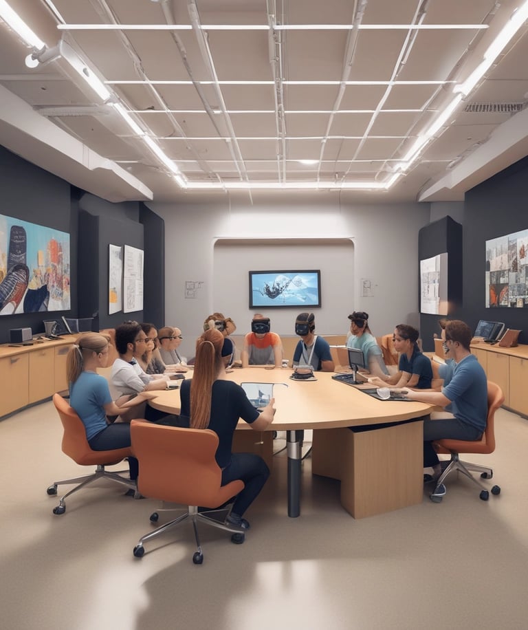 Several individuals in white lab coats are wearing virtual reality headsets in a laboratory setting. Anatomical models and educational tools are visible on tables and shelves, indicating a medical or educational environment. The individuals appear to be using hand controllers while engaged in a virtual reality experience.