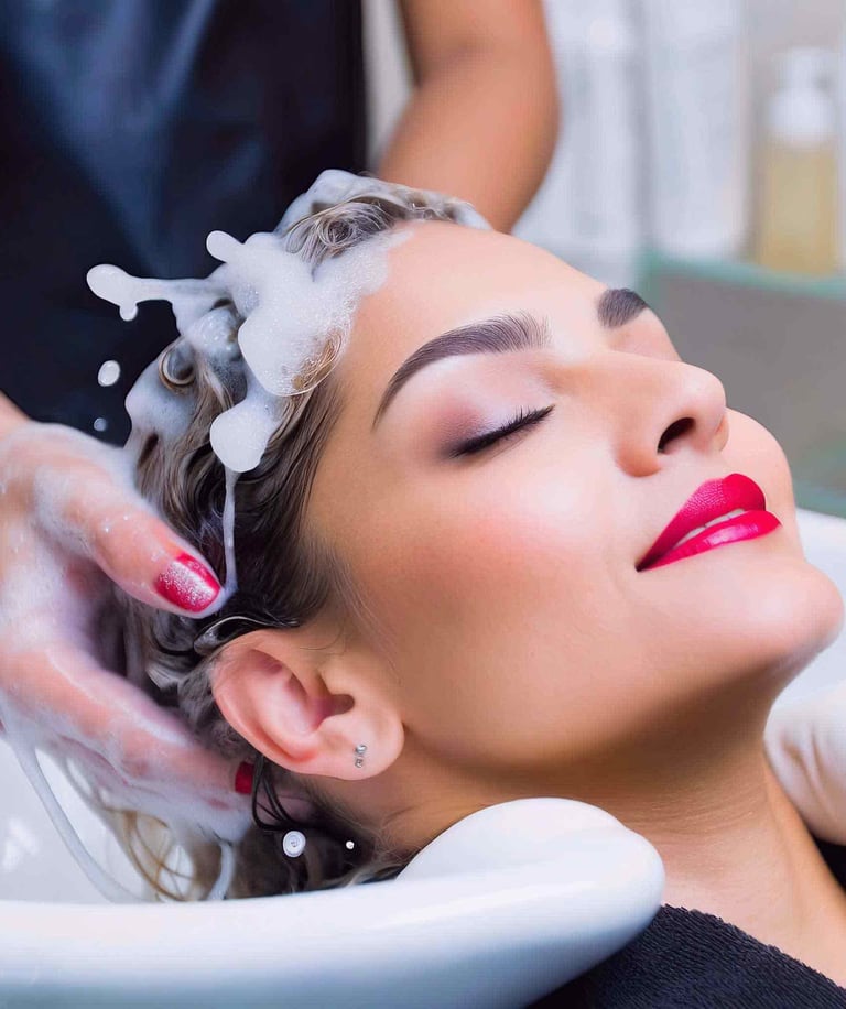 a woman is getting her hair washed in salon