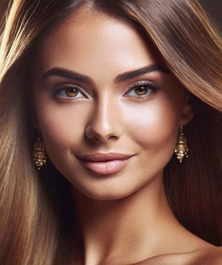a woman with long and silky hair and earrings on her face