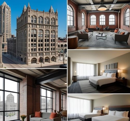Luxury loft-style Detroit hotel from the inside and outside