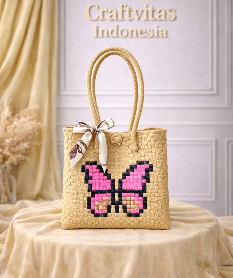 Tas anyaman karakter kupu-kupu warna cream handmade ramah lingkungan