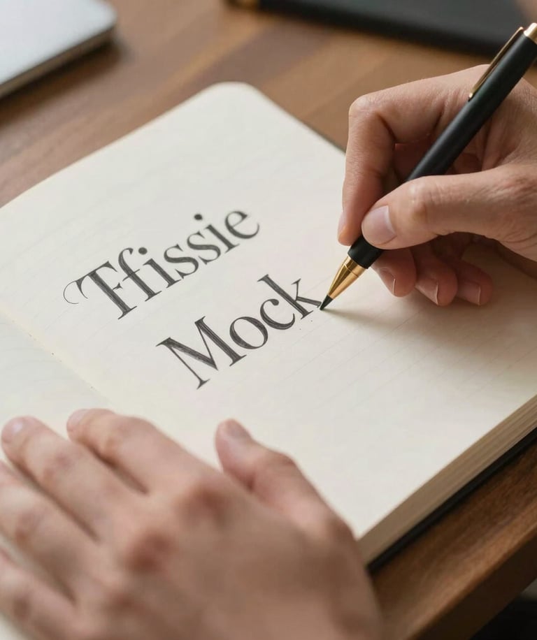 A close-up of a designer's hands sketching clean typography layouts in a notebook, soft indirect daylight, warm gentle shadows