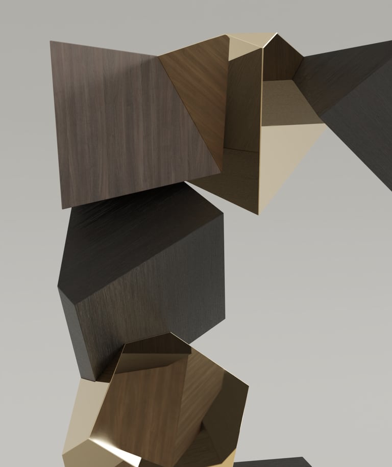 Console Pyrite en noyer et laiton poli, cubes imbriqués et tronqués