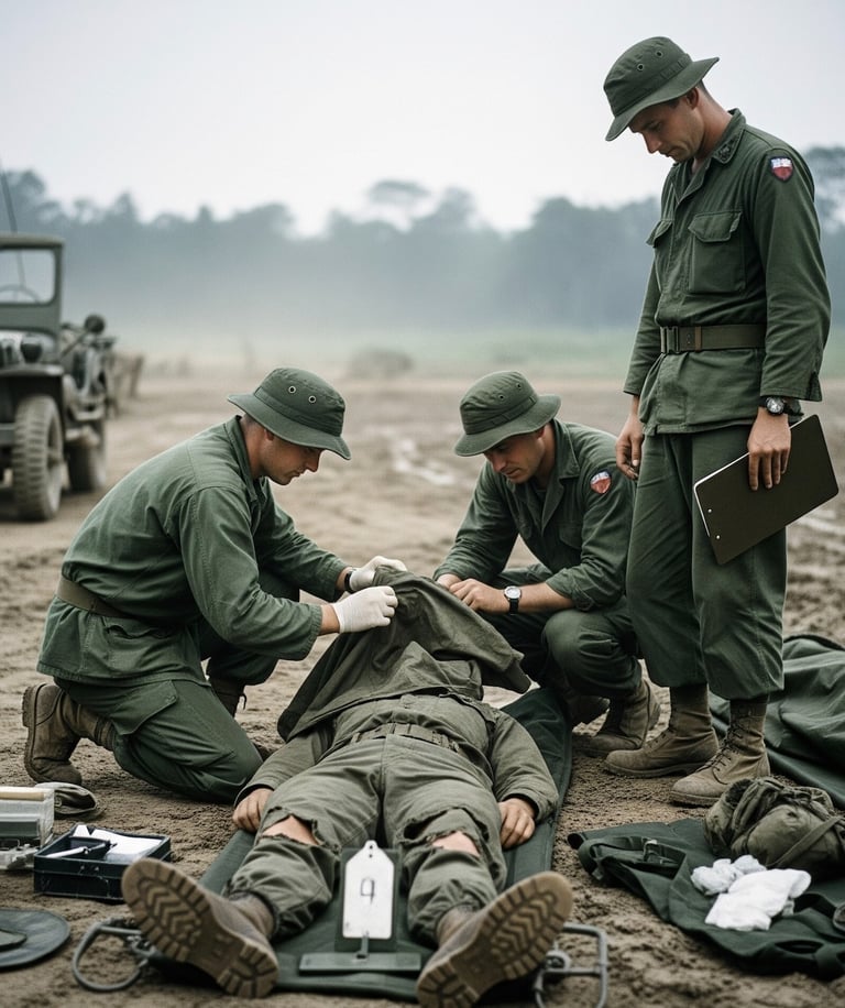 Military mortuary services detachment in the 60's performing their duties on the battlefield.