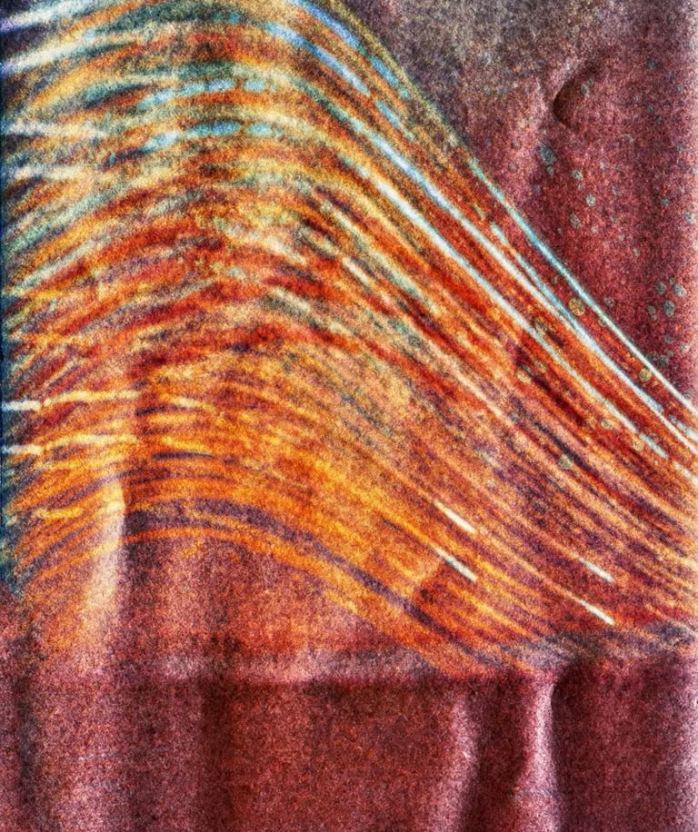 Red background with wave painting, depicting sun path over six months.