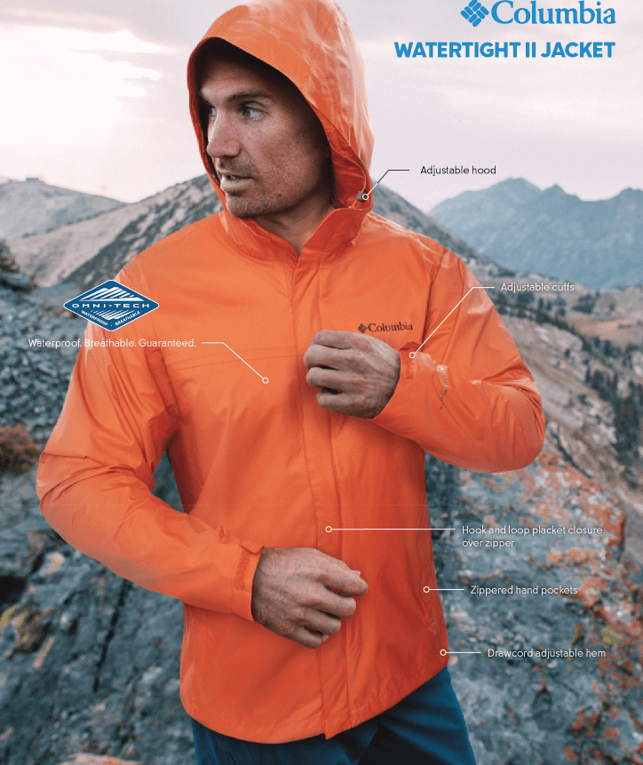 man wearing Columbia waterproof travel jackets