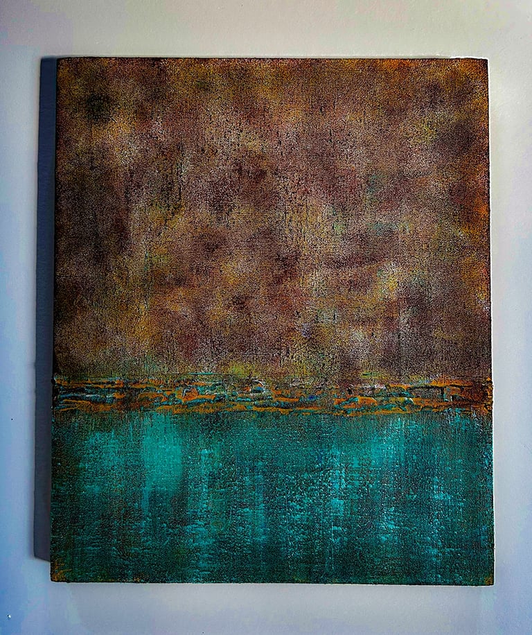 Abstract landscape. Mixed media on wood. Abstract artwork Ditchling East Sussex. Laurence Moracchini artist.