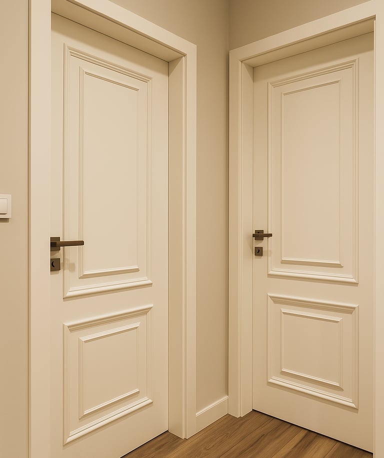 Two white paneled interior doors with modern black handles on oak hardwood flooring.
