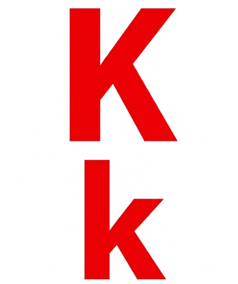 Uppercase and lowercase letter K in a bold red font isolated on a white background.