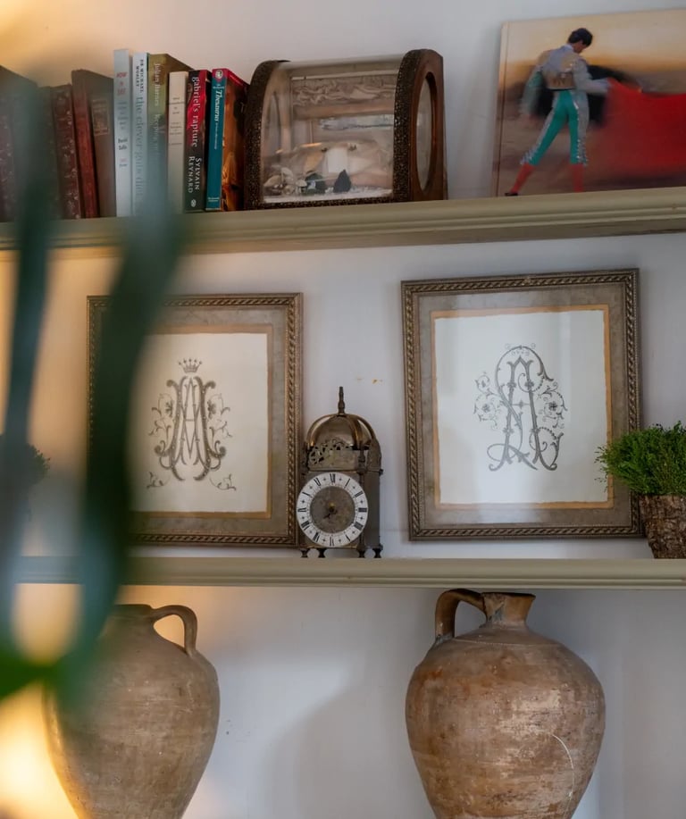 Bookshelf with pottery and decor at Finca Santa Katerina