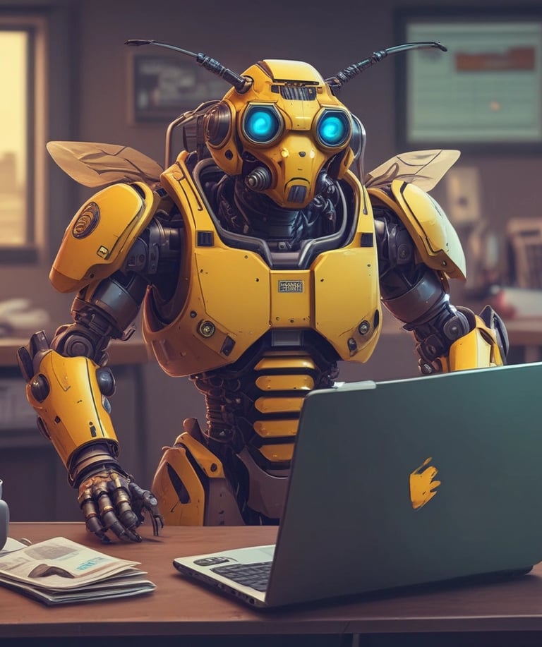 a robot like robot with a bee costume