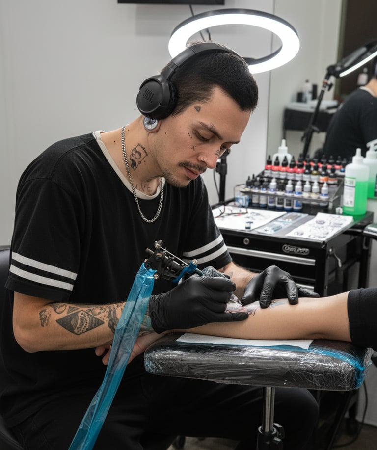 Baztiel Tattoo, tatuador chileno especializado en tatuajes neotradicionales y anime durante sesión