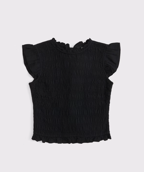Black smocked sleeveless top with ruffle trim sleeves and a high neckline from abercrombie