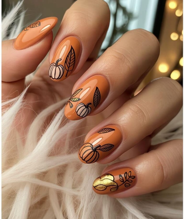 Glossy pumpkin nail art with black leaf designs and golden accent on a warm orange base – cozy autum