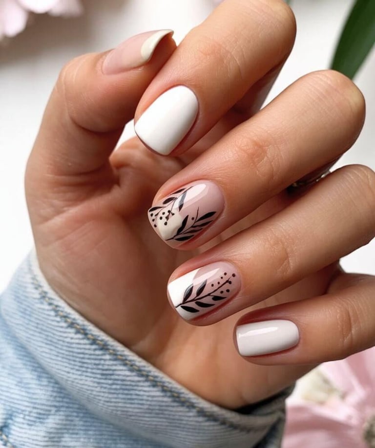 Muted warm grey fall nails with subtle leaf art on short rounded nails.