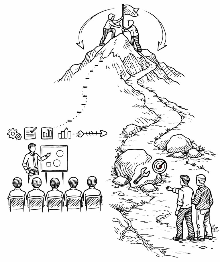 Hand-drawn illustration showing business strategy, team training, and workers reaching a mountain summit goal.