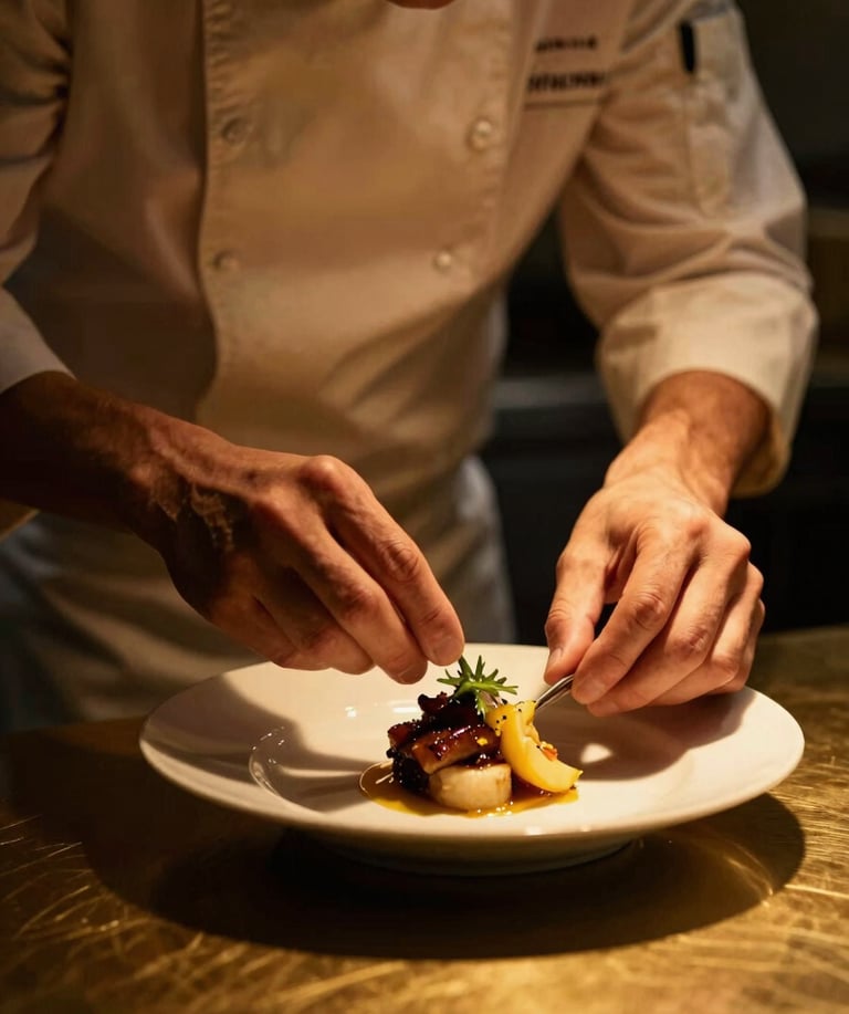 Portrait shot of a chef meticulously plating a dish in a gold-lit kitchen, dramatic low-key golden light, deep shadows, rich warm tones, shallow depth of field, 50mm lens