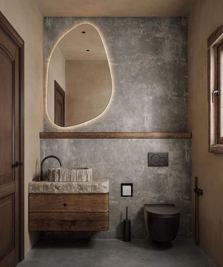 Modern rustic bathroom with an organic-shaped backlit mirror and stone vessel sink.