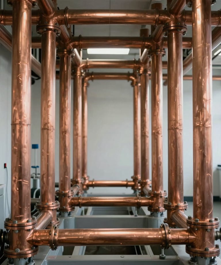 Symmetrical straight-on shot of immaculate parallel copper piping in a bright, clean mechanical room, natural light, highlighting precise technical craftsmanship.