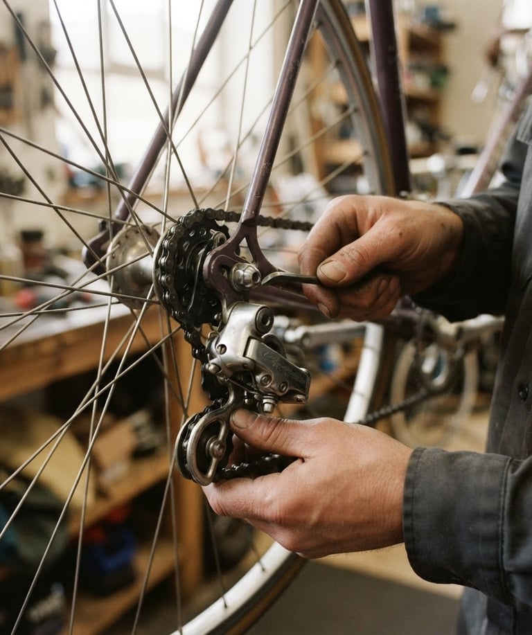 Close-up of mechanic's hands adjusting a clean vintage derailleur, warm natural workshop light, shallow depth of field, 35mm
