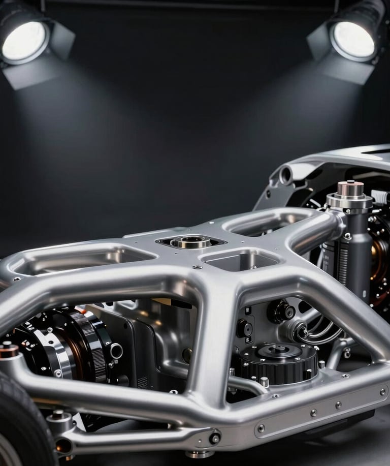 Extreme macro shot of a high-end vehicle's metallic silver chassis and precision engineering details under dramatic studio spotlights.