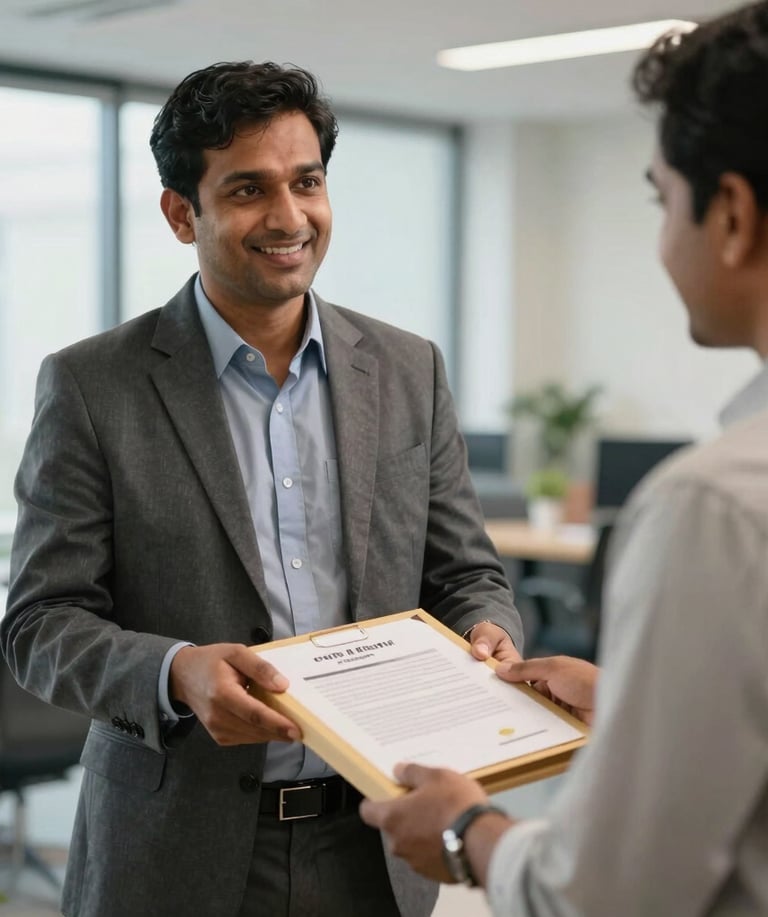 A professional South Asian / Indian legal consultant in business casual attire handing over a sealed document package, smiling, bright modern office background.