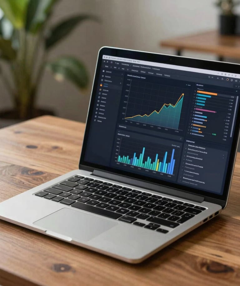 A sleek modern laptop on a wooden desk showing a complex software dashboard with growth charts, blurred tropical plants in the background, professional corporate style.