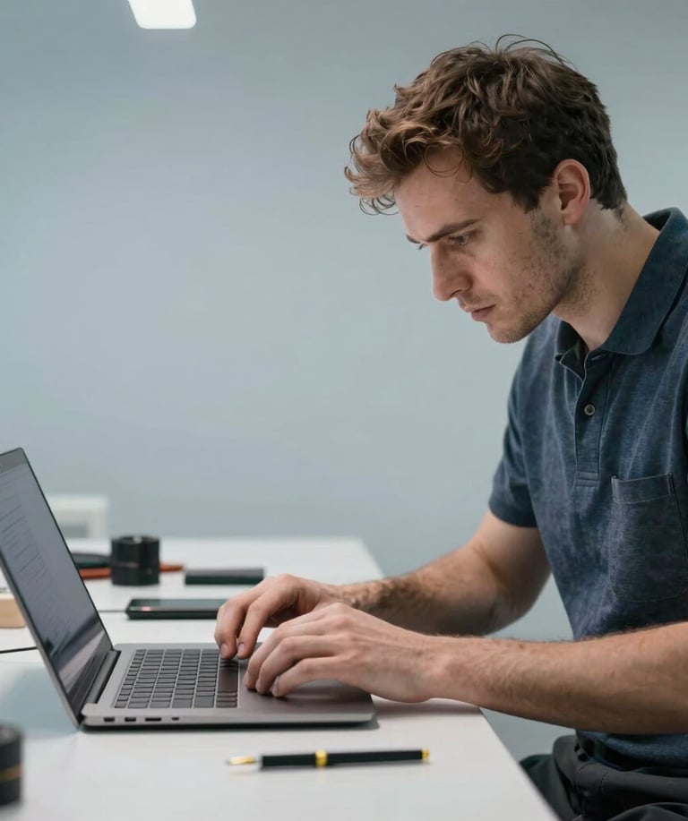 A professional shot of a technician in a modern Western European workspace examining a silver laptop for refurbishment. Clean background with muted blue and gray tones.