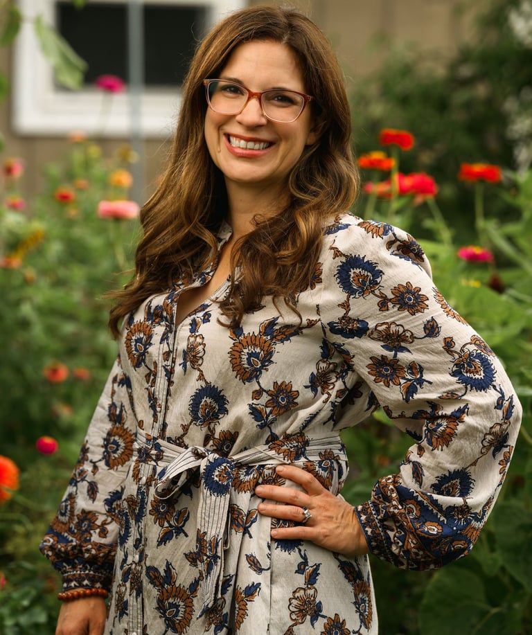 Julie Picchiotti Smiling in Front of Her Cut Flower Garden