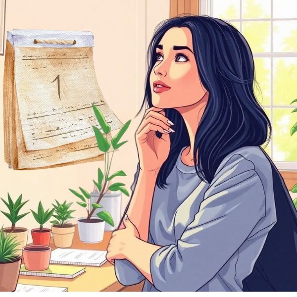 a woman sitting at a desk with a plant in front of her