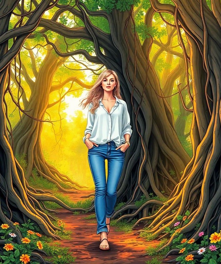 a woman walking through a forest with a path leading to a path