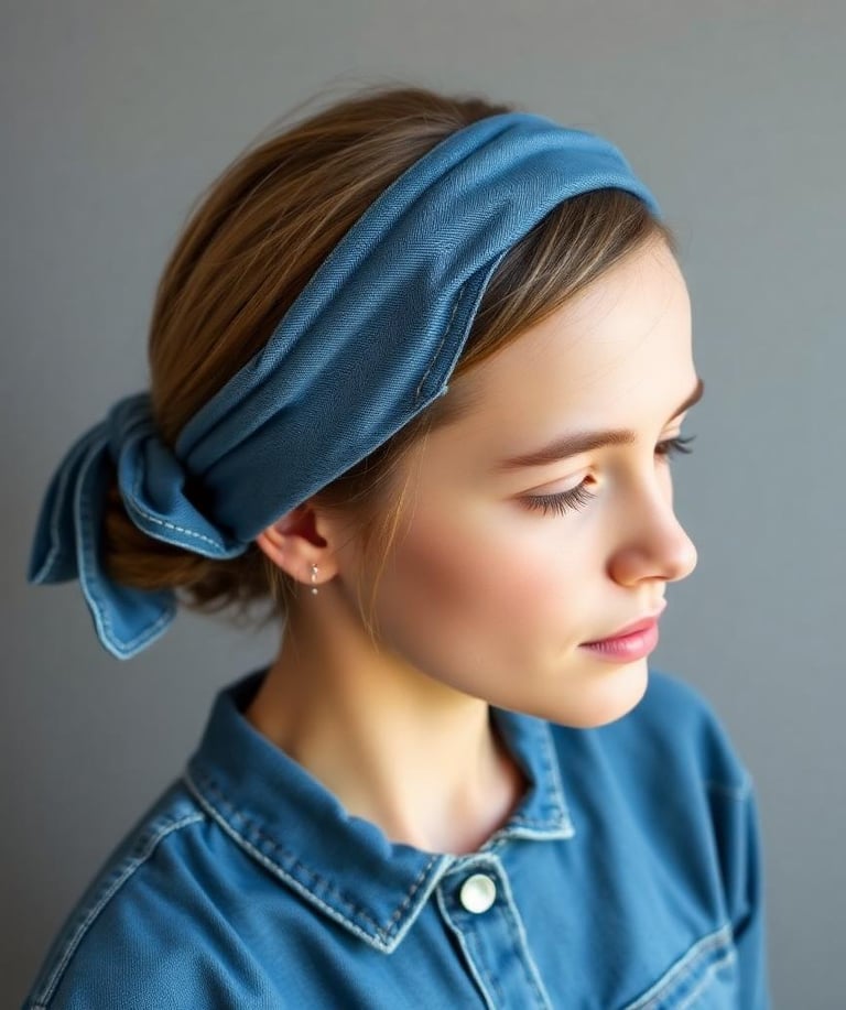 a woman wearing a blue denim headband