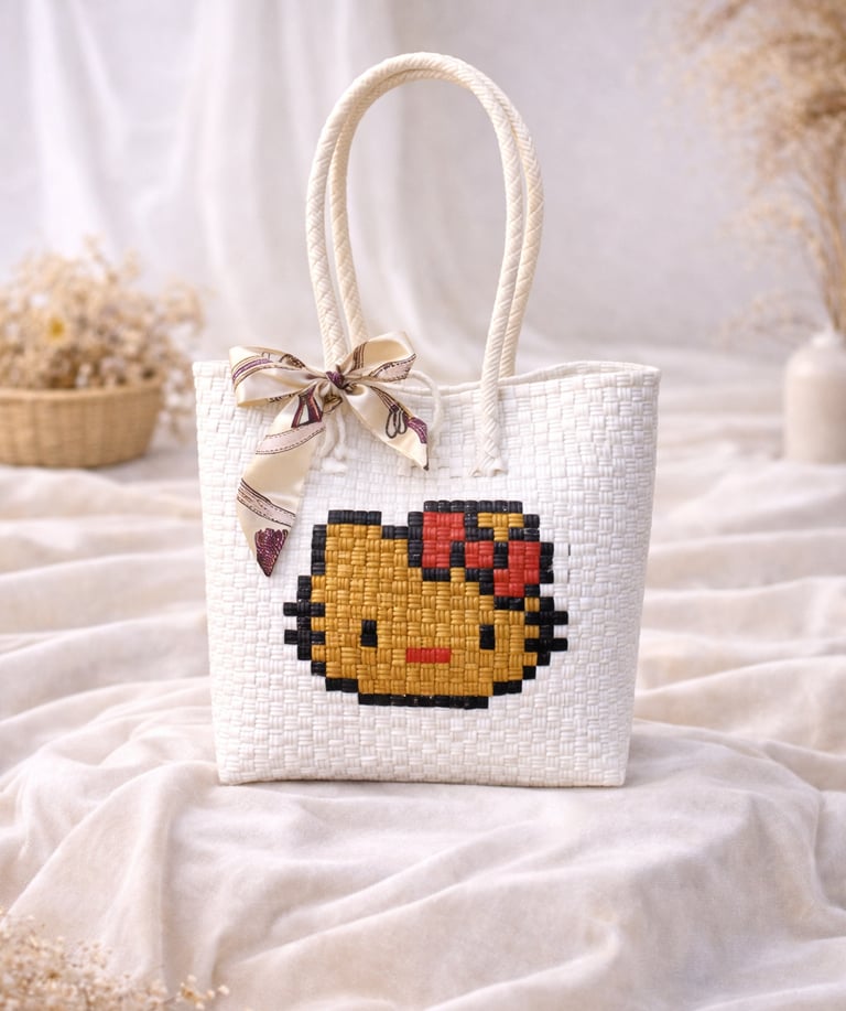Tas anyaman karakter lucu warna putih coklat handmade untuk hampers
