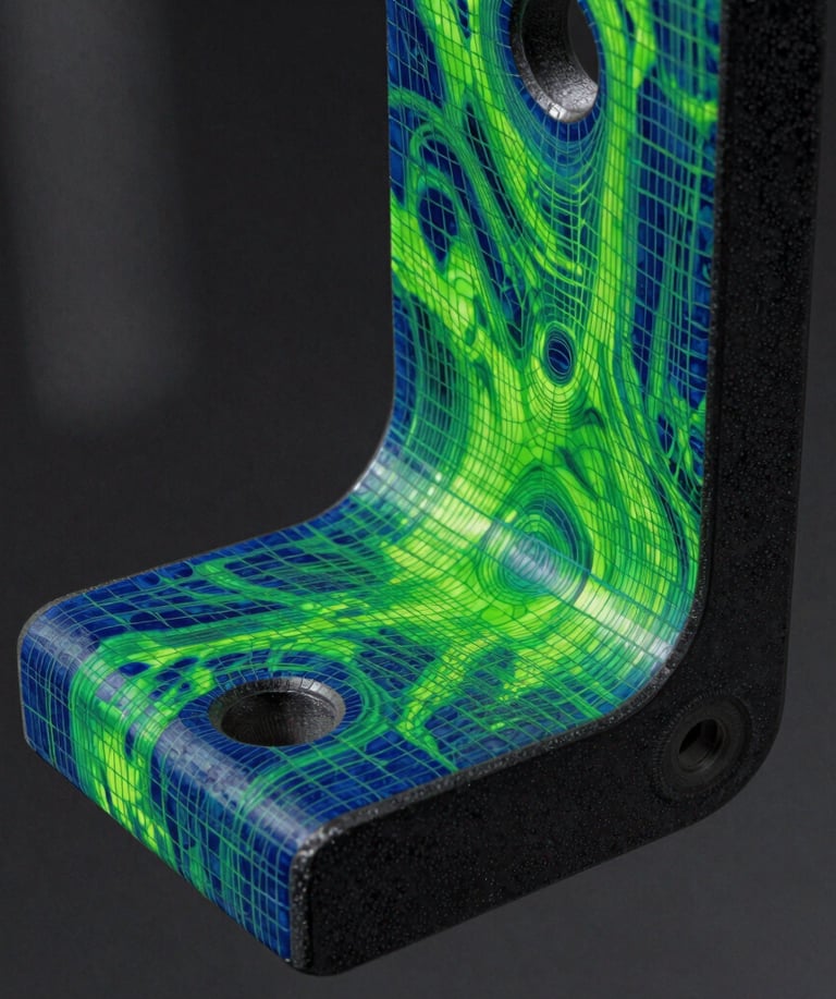 Extreme close-up of a finite element analysis stress heatmap of a structural bracket, mapped strictly to royal green and coal black tones, showing high-density mesh geometry.