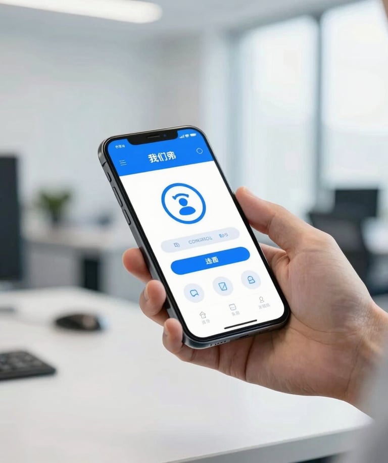 Warm medium close-up of a professional in a bright, modern office holding a smartphone displaying a secure interface, clean blue and white tones, natural daylight, soft depth of field.