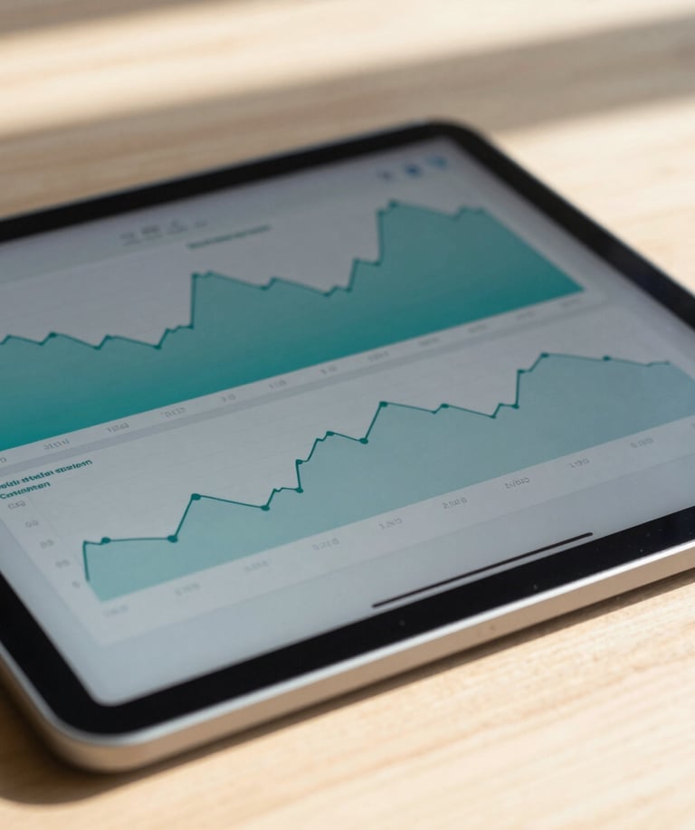 Tight macro shot of a modern tablet displaying clean financial charts on a minimalist wooden desk, bright natural daylight, shallow depth of field