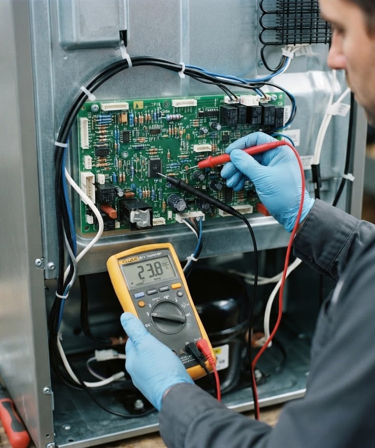 Close-up of a technician testing an electronic circuit board of a refrigerator with a digital multimeter, crisp workshop lighting, cool blue and slate gray tones, sharp focus, 35mm