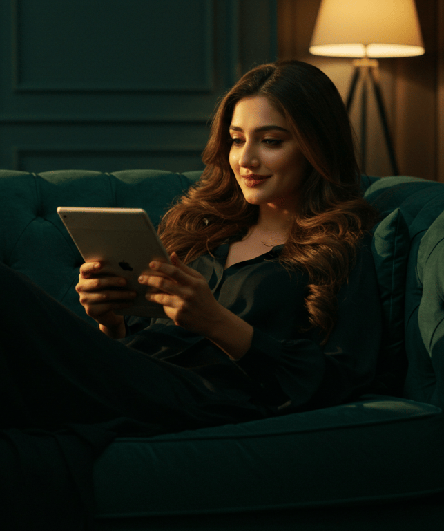 Women using control panel in hand to control smart home 