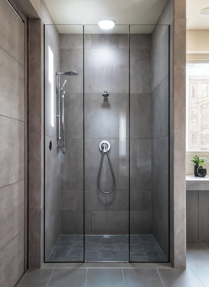 Dark‑grey frameless shower with hexagonal floor tiles ,style of frameless shower FixShowers services