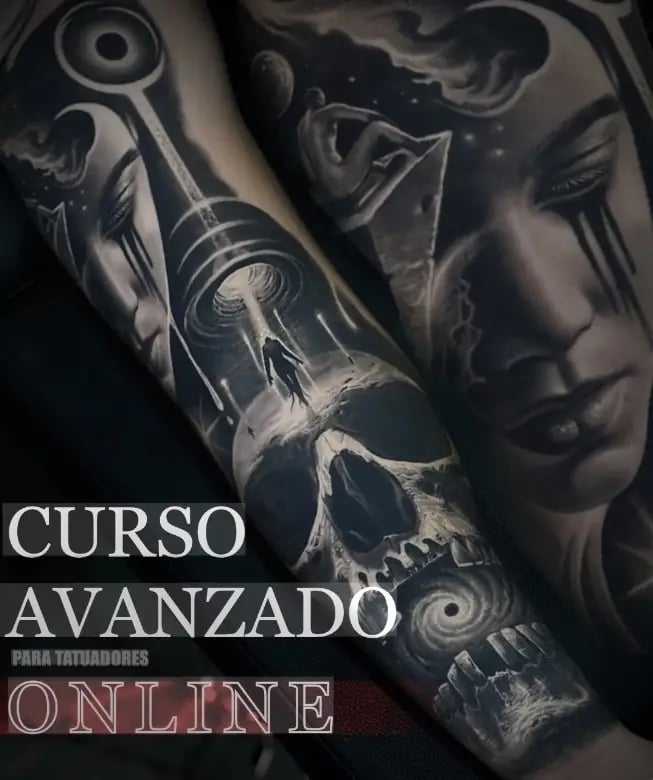 Surreal black and grey realism tattoo featuring a skull, female portrait, and cosmic elements for an advanced online tattoo