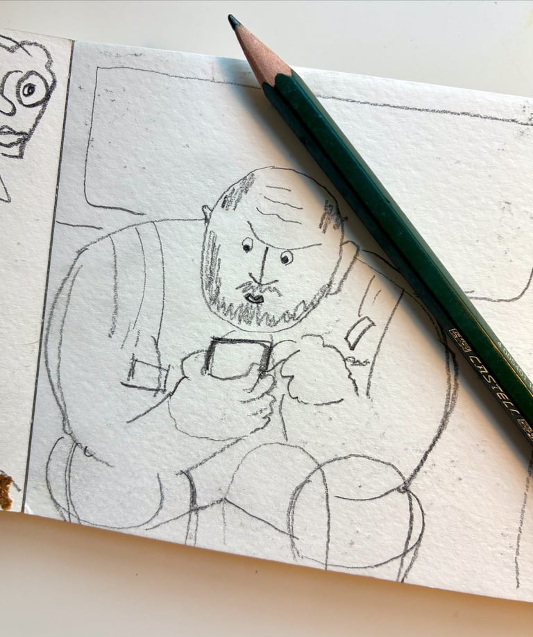 a pencil sketch of a man sitting on train